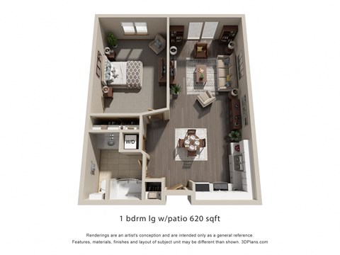 Floor plan for 1 bed, 1 bath, 620 sqft